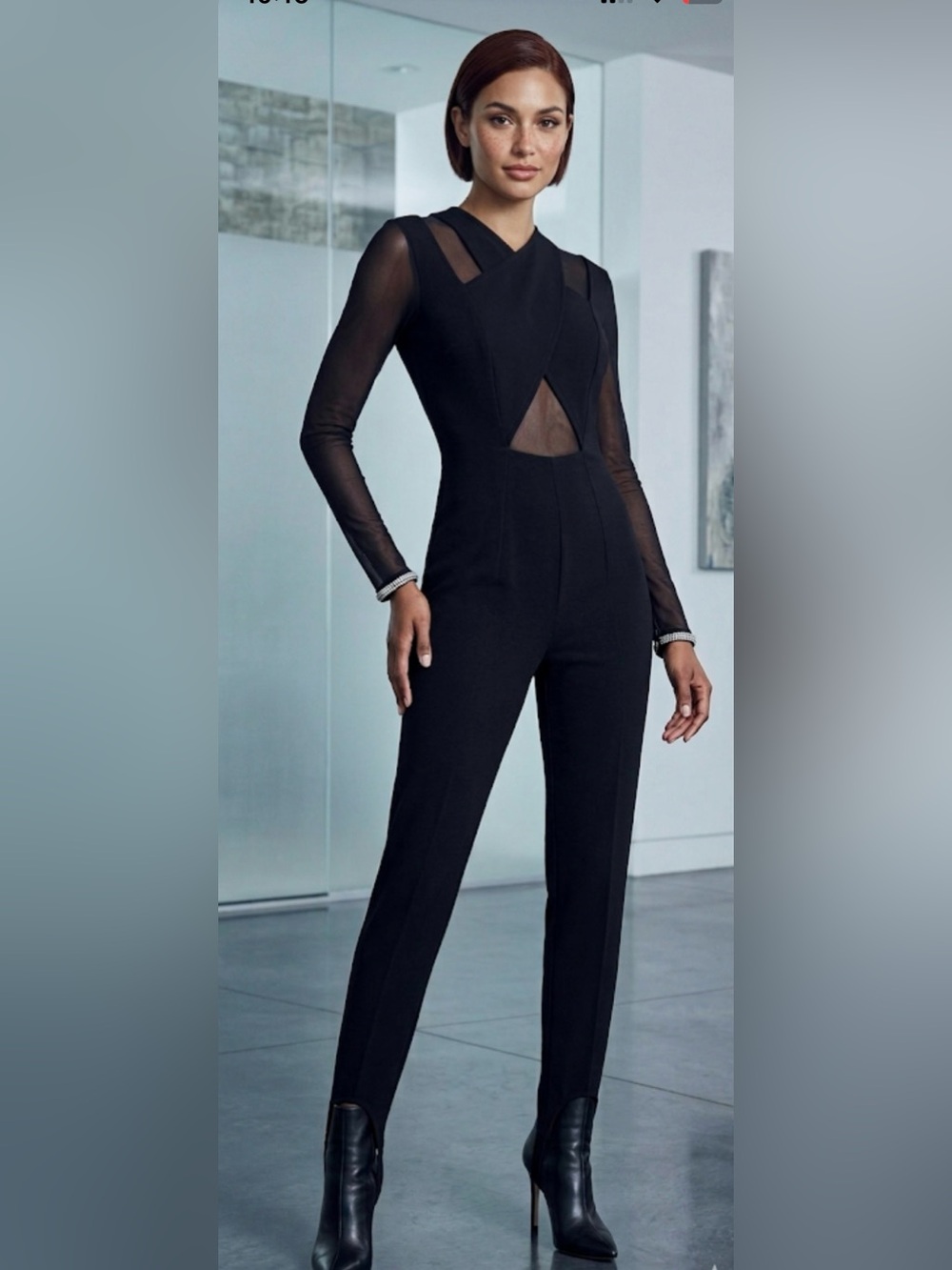 Vintage Tadashi Shoji Y2K Illusion Mesh Cutout Stirrup Jumpsuit Size M